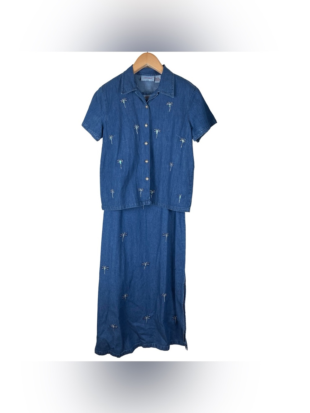 Vintage 90s Jane Ashley Medium Chambray Embroidered Dragonfly Dress Cottagecore